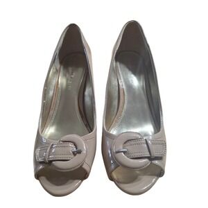 Etienne Aigner Peep Toe Heels Patent Buckle Beige Women Size 7.5 M